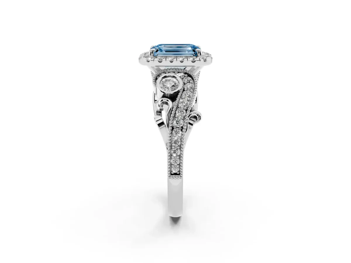 Fancy Blue Emerald Cut Halo Diamond Ring with Milgrain and Bezel Accents on a Split Shank Band White gold