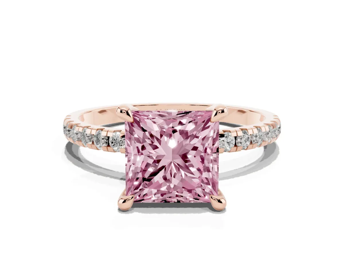 Fancy Pink Princess Cut Diamond Brilliant Solitaire Ring with Pavé Band and Four-Prong Setting Rose gold