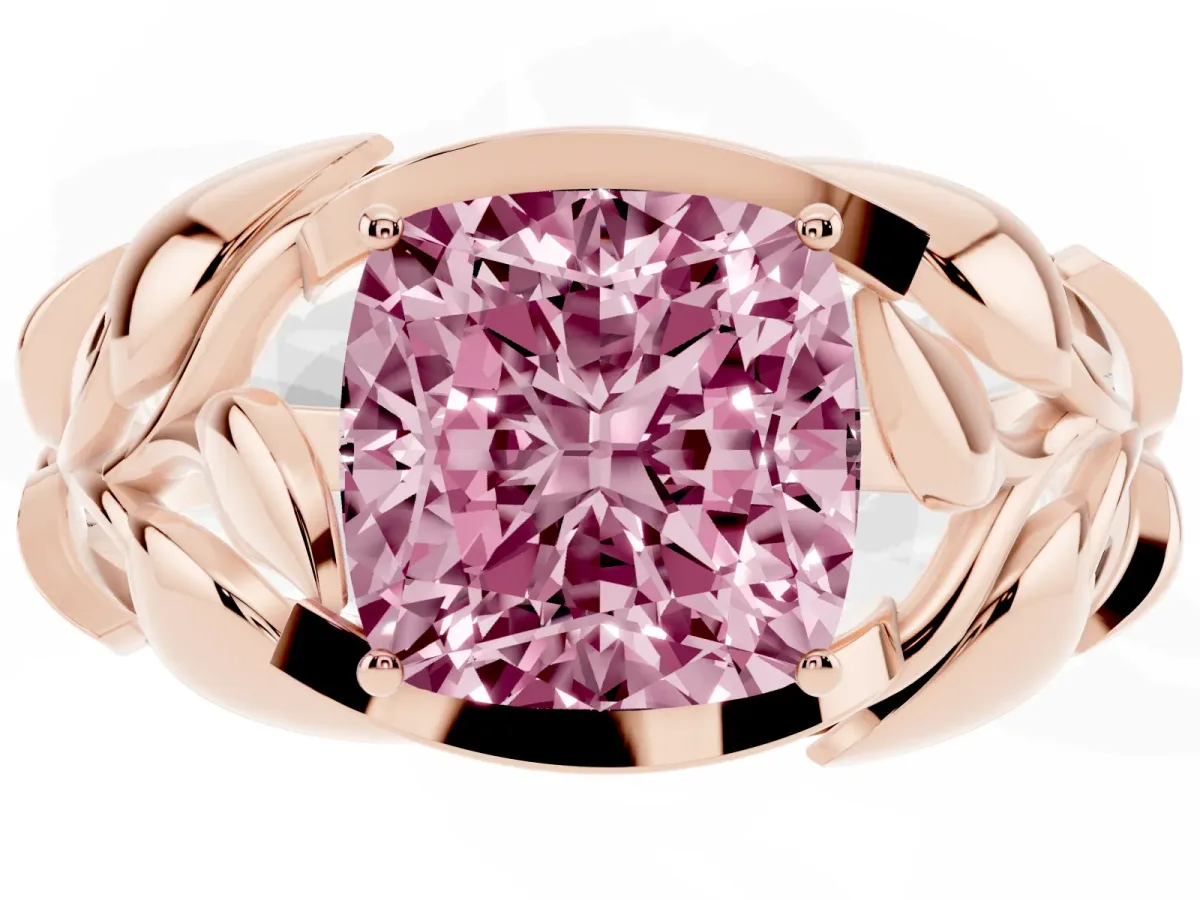 Fancy Pink Cushion Cut Diamond Leaf-Inspired Engagement Ring with Round Accents and Prong Setting Rose gold