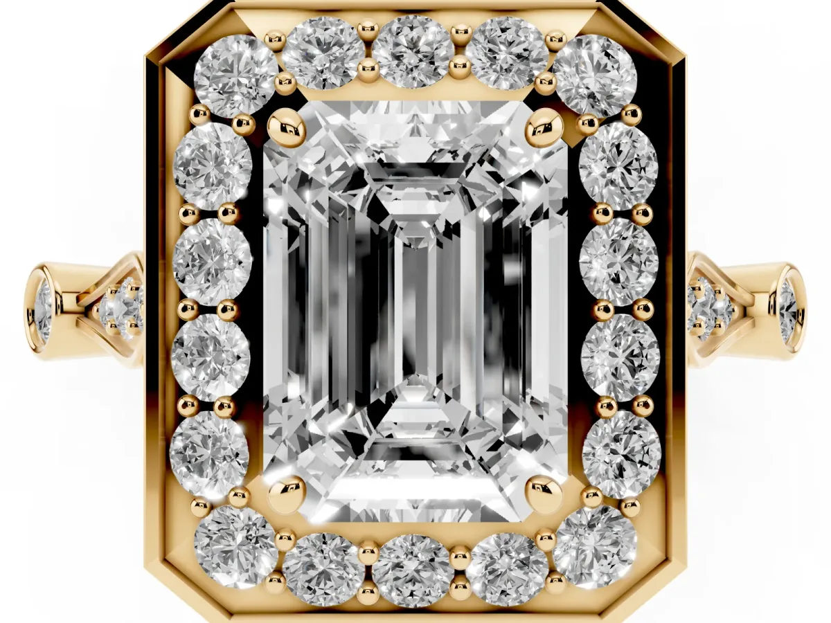 Emerald Cut Halo Diamond Engagement Ring with Twisted Band and Four-Prong Setting Yellow gold