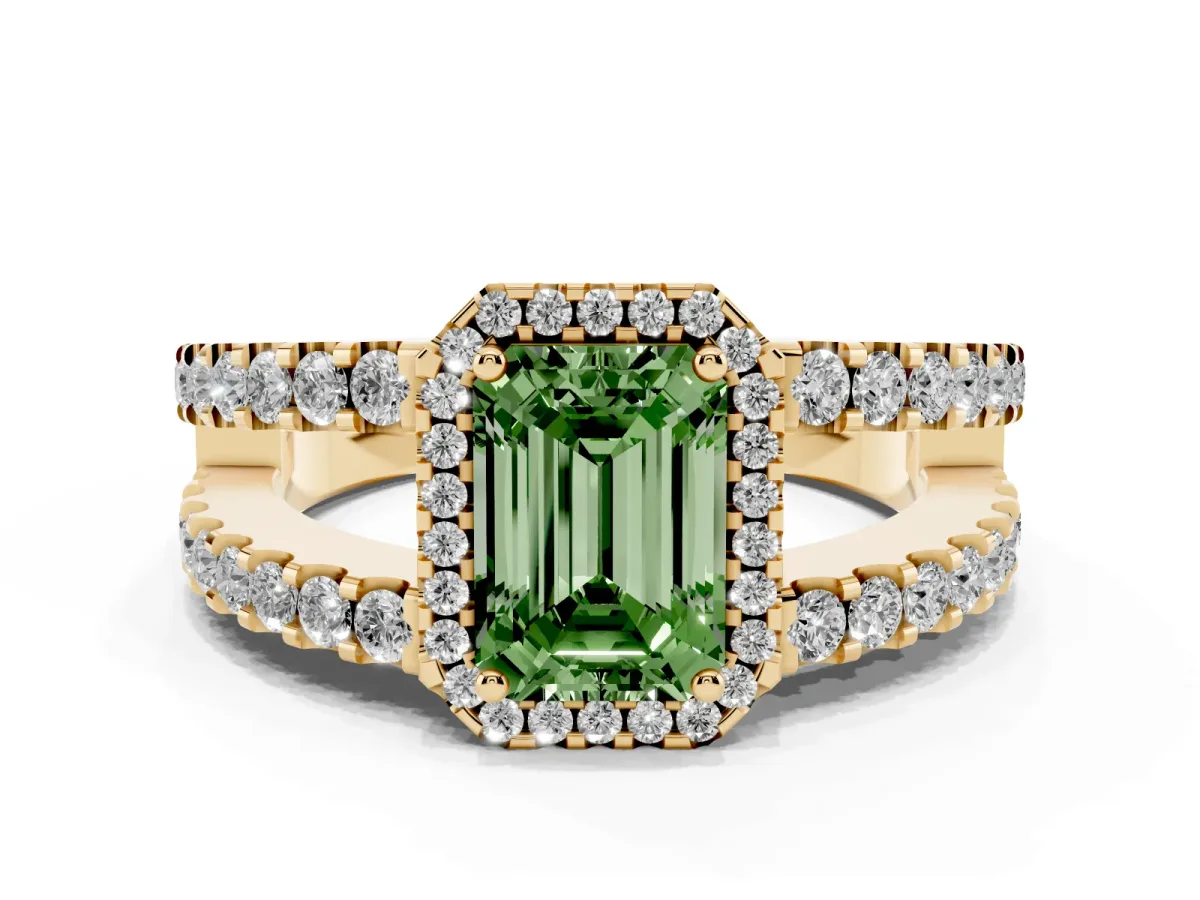 Fancy Green Emerald Cut Cut Halo Split Shank Diamond Ring with Four-Prong Setting Yellow gold