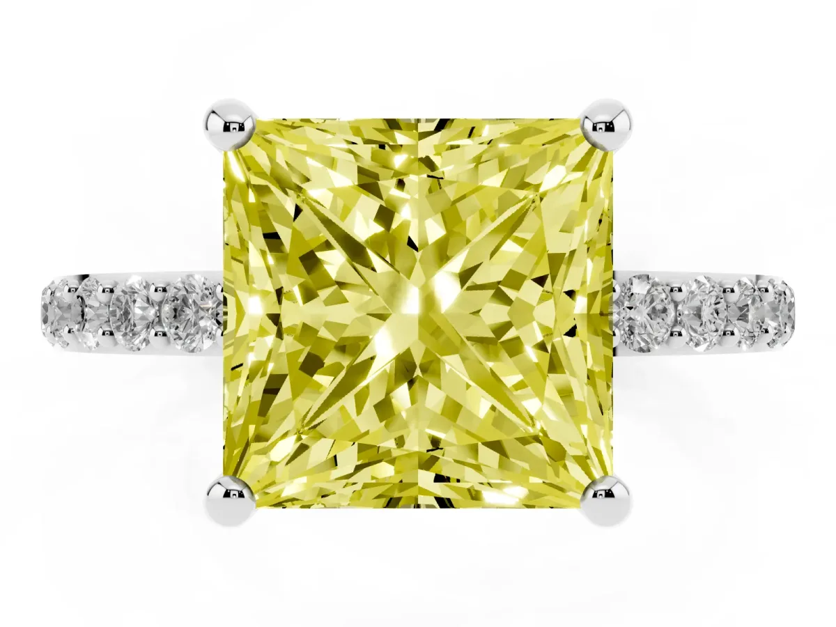 Fancy Yellow Princess Cut Diamond Solitaire Ring with Round Pavé Band and Prong Setting Silver