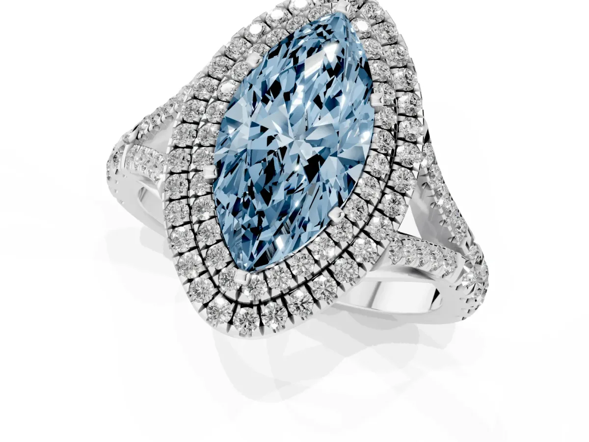 Fancy Blue Double Halo Marquise Cut Diamond Split Shank Engagement Ring with Four-Prong Setting Silver