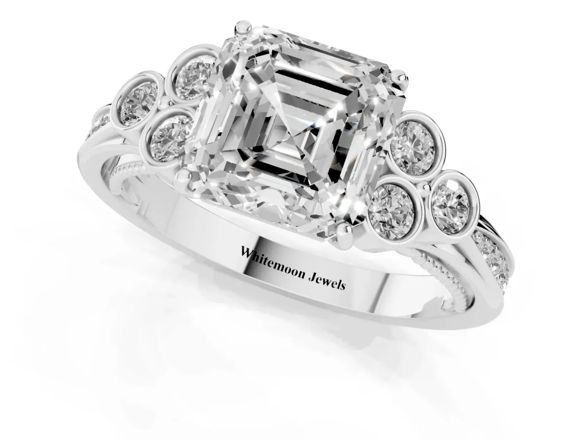 Asscher Cut Cut Diamond Engagement Ring with Bezel Set Round Side Stones and Prong Setting White gold