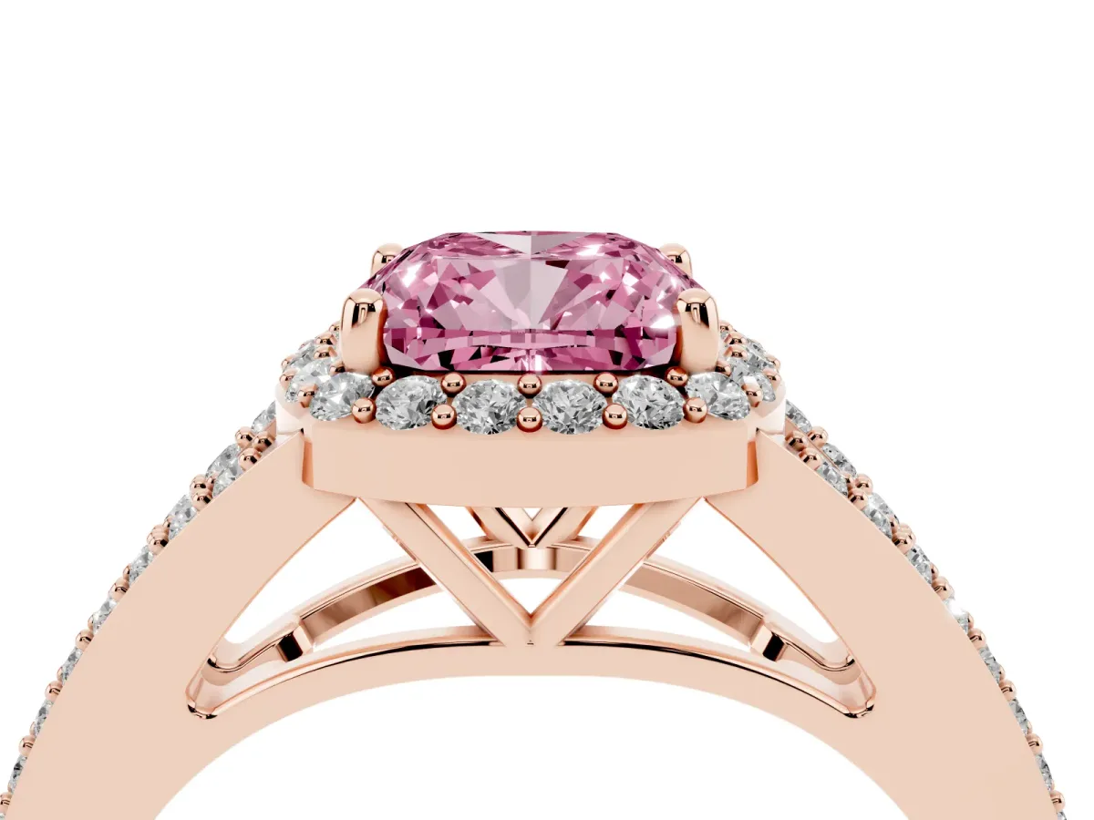 Fancy Pink Cushion Cut Halo Split Shank Diamond Ring with Prong Setting Rose gold