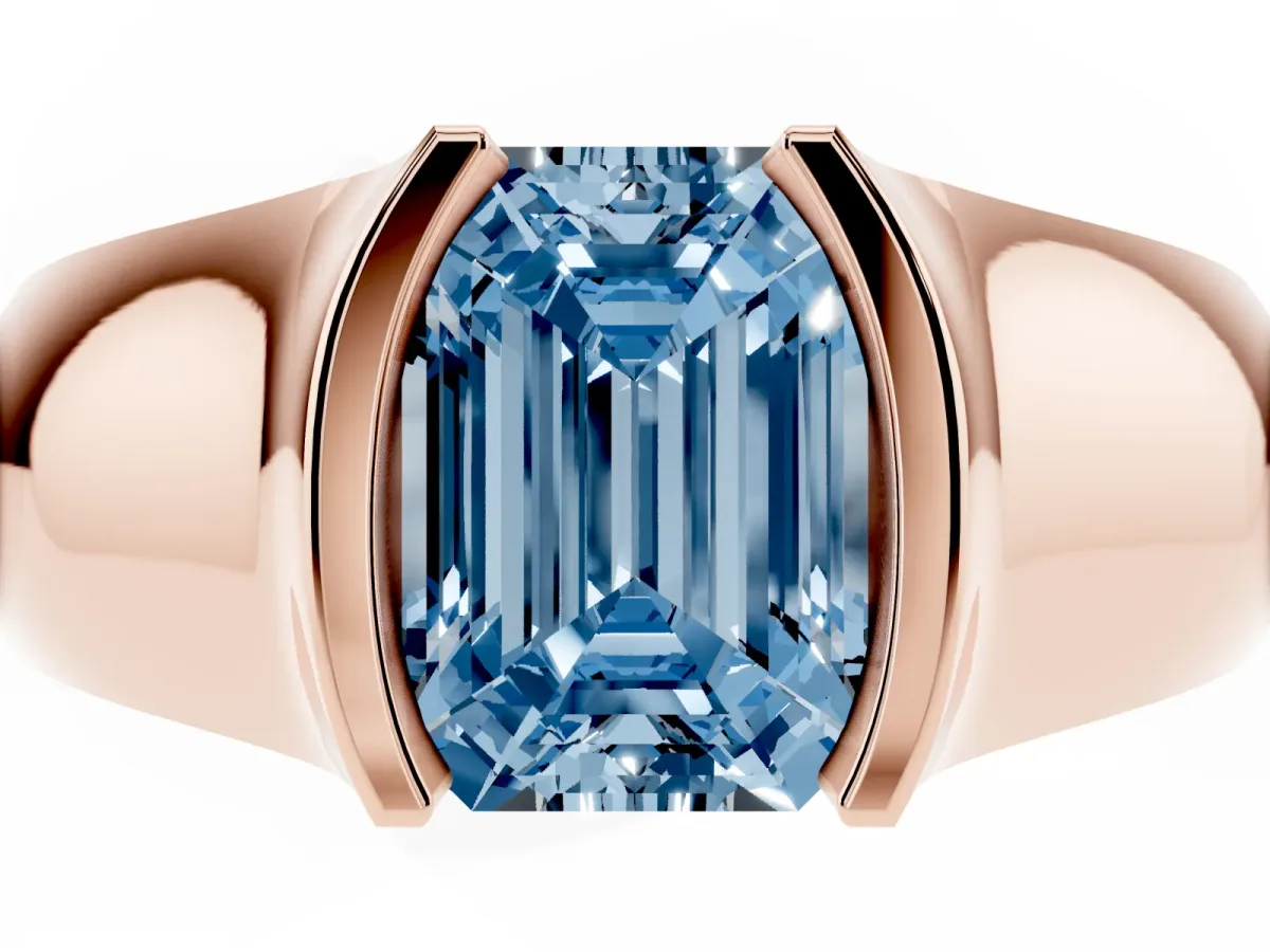 Fancy Blue Emerald Cut Solitaire Bezel Set Diamond Ring with Wide Band Rose gold