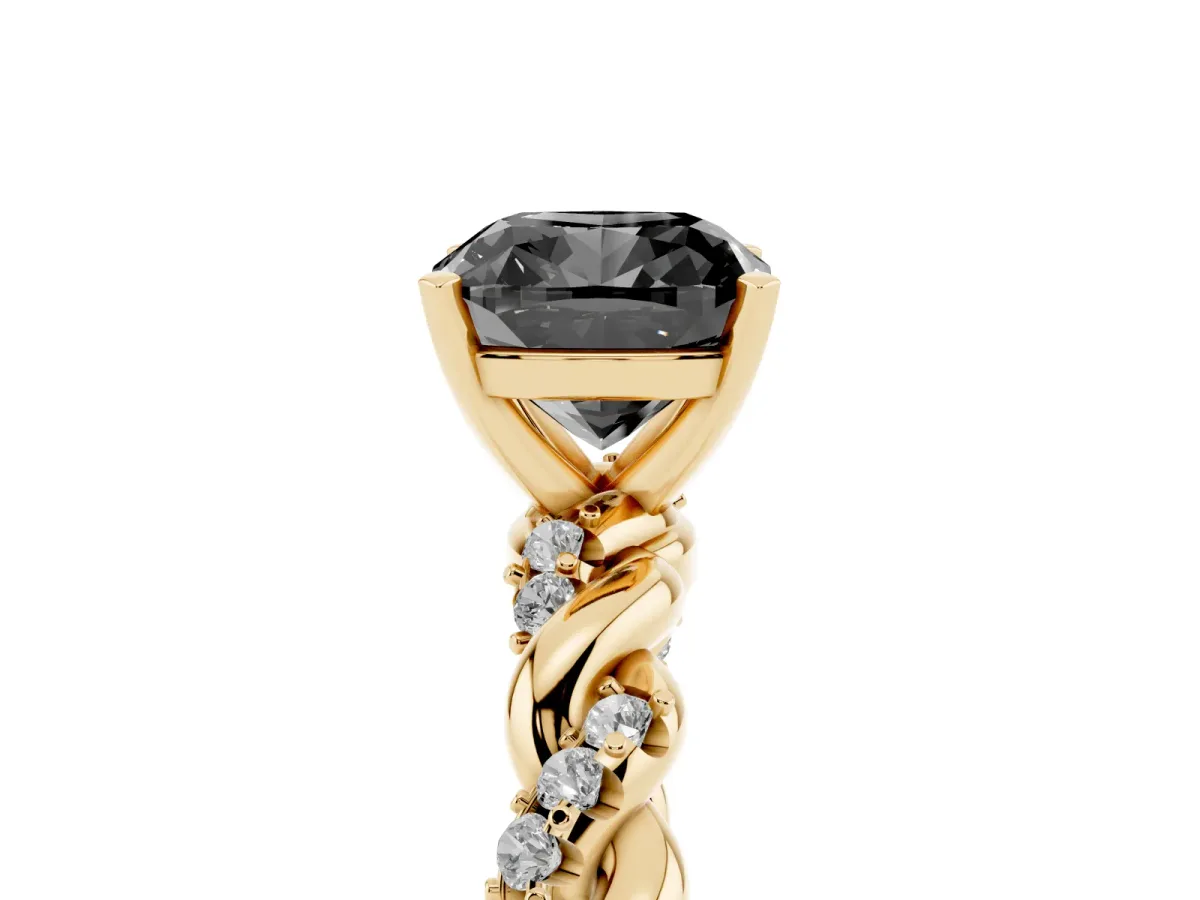 Fancy Black Cushion Cut Diamond Solitaire Ring with Twisted Band and Pavé Accents Yellow gold