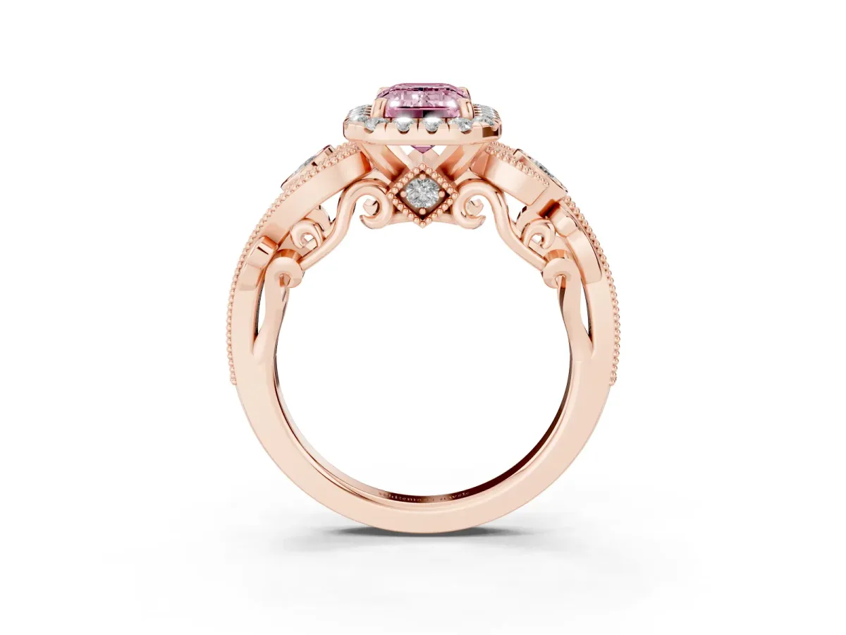 Fancy Pink Emerald Cut Diamond Halo Ring with Milgrain Pavé Band and Four-Prong Setting Rose gold