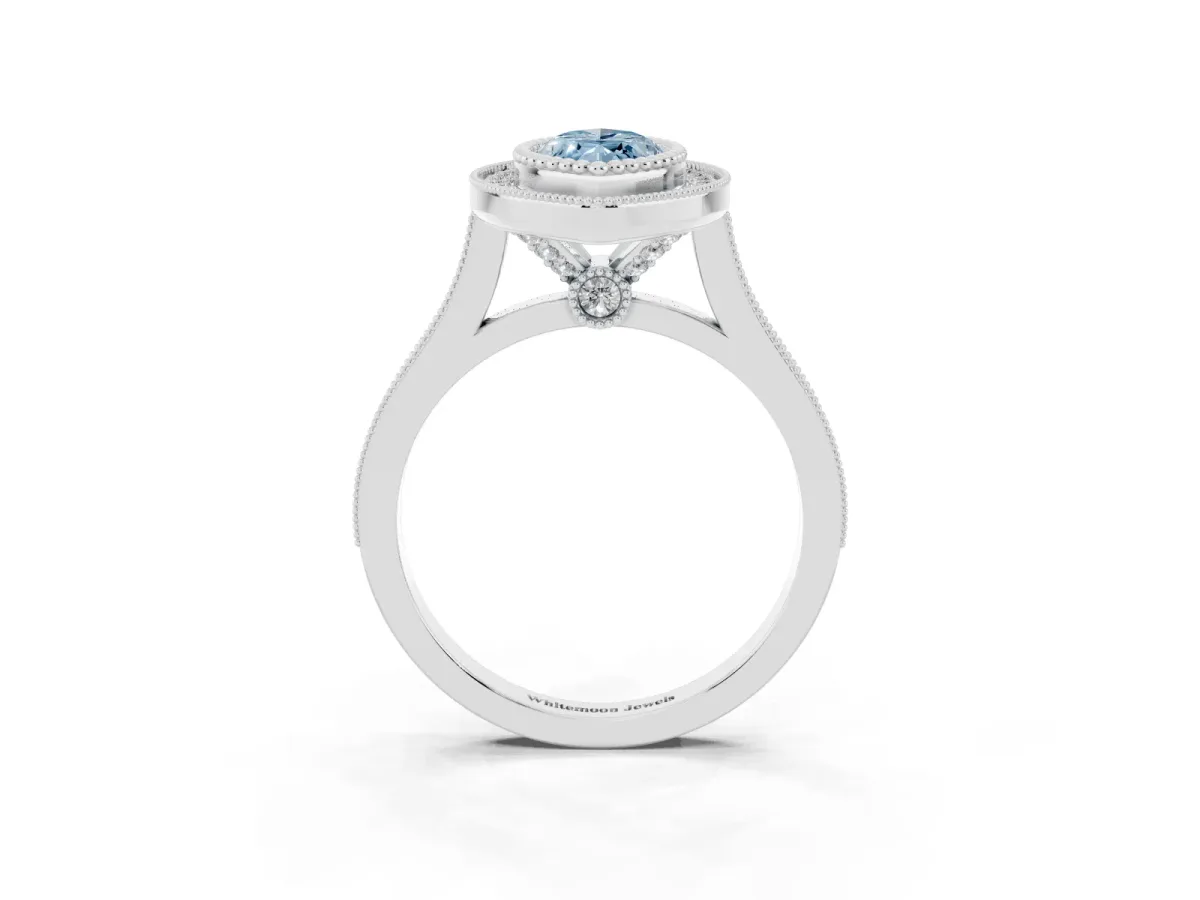 Fancy Blue Marquise Cut Diamond Halo Ring with Milgrain Frame and Pavé Band White gold