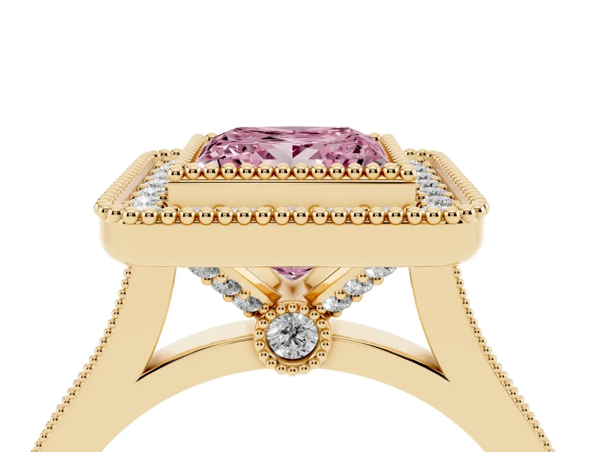 Fancy Pink Princess Cut Diamond Halo Ring with Milgrain Frame and Pavé Band Yellow gold