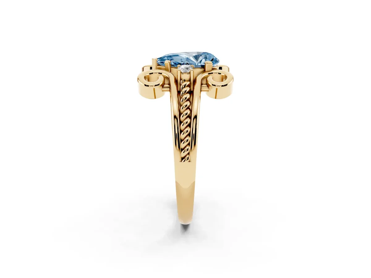 Fancy Blue Pear Cut Solitaire Twisted Band Scroll Prong Ring Yellow gold