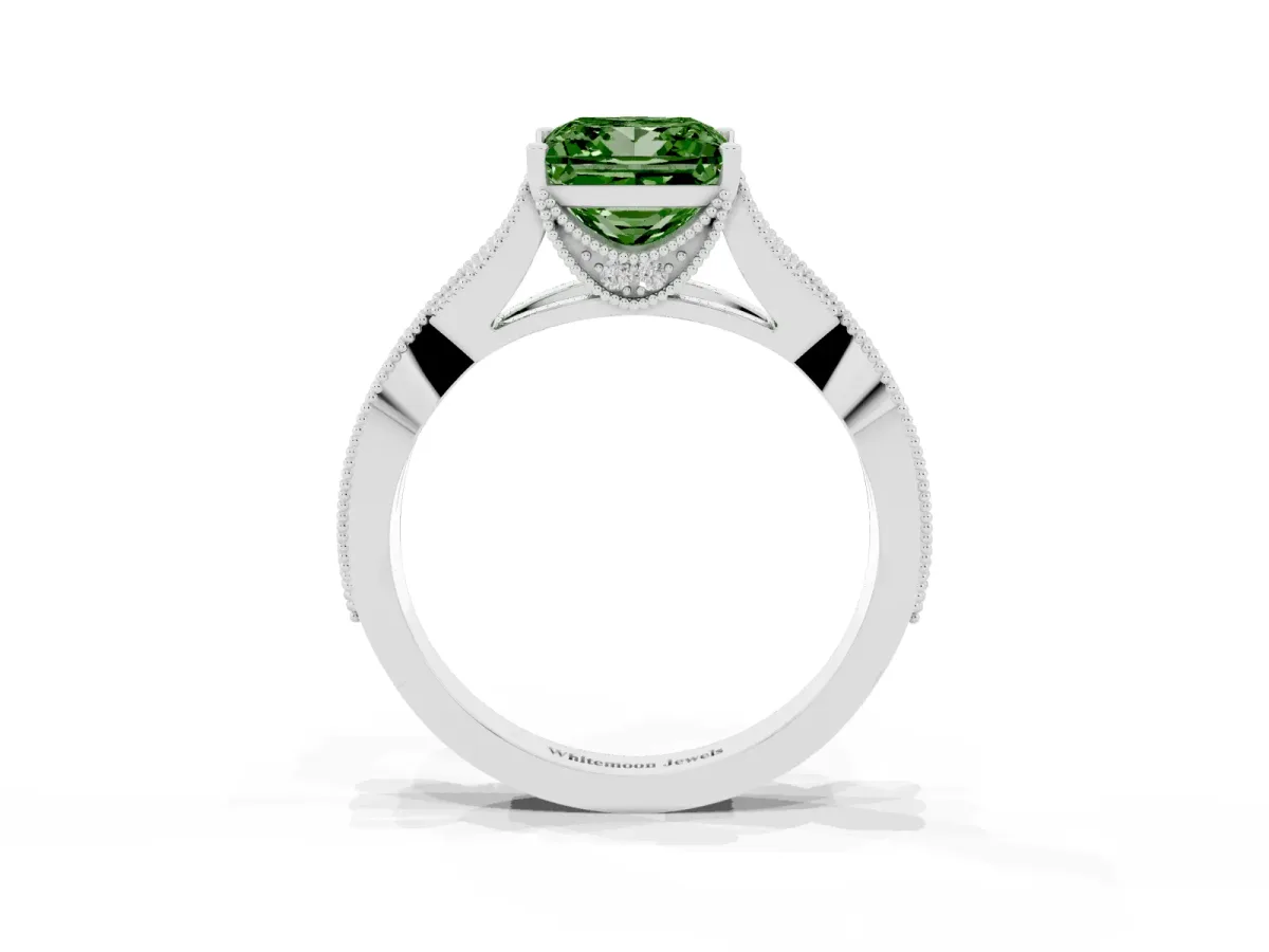 Fancy Green Princess Cut Cut Diamond Twisted Band with Milgrain Pave Setting and Four-Prong Setting Platinum