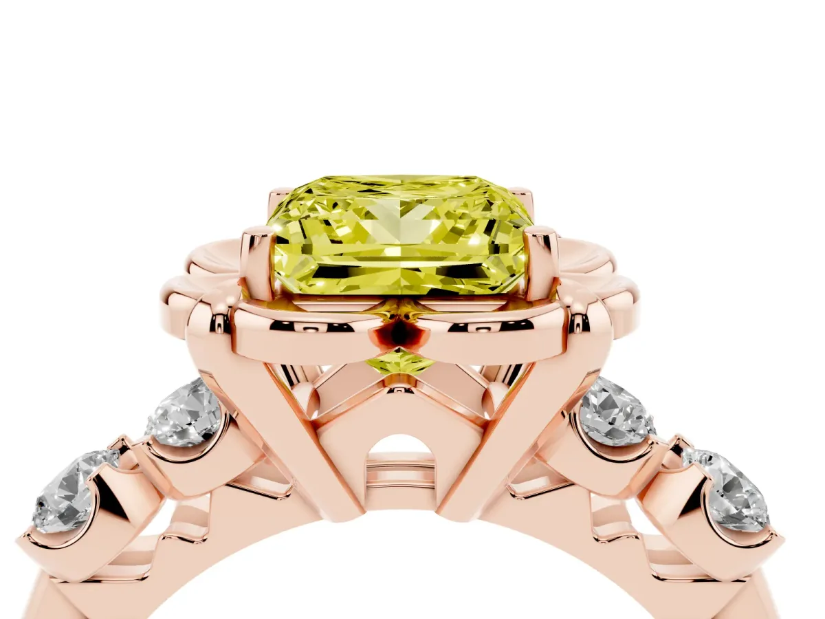 Fancy Yellow Princess Cut Cut Diamond Floral Halo Engagement Ring with Shared Prong Setting Rose gold