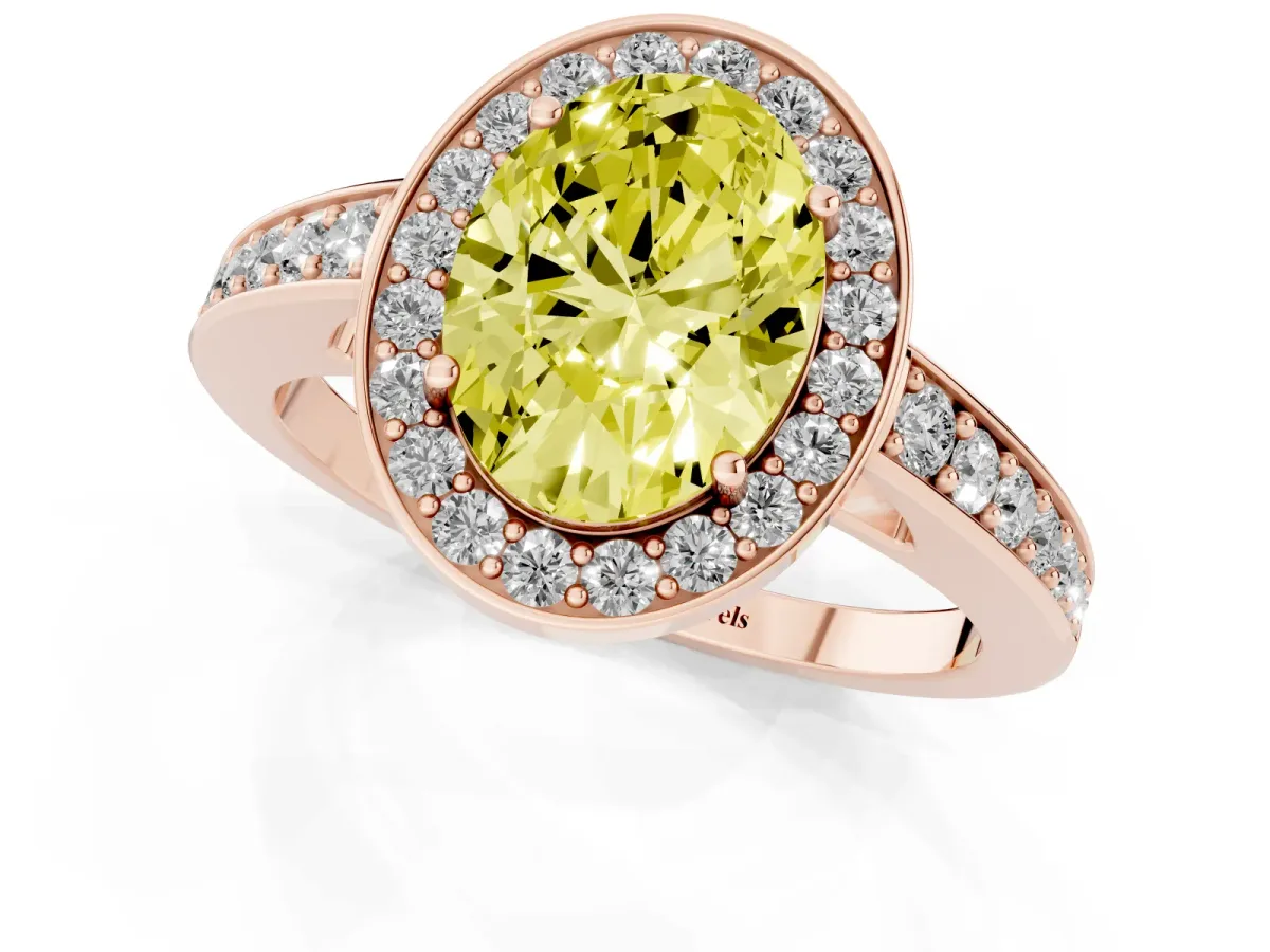 Fancy Yellow Oval Cut Halo Pavé Diamond Engagement Ring with Bezel Setting Rose gold