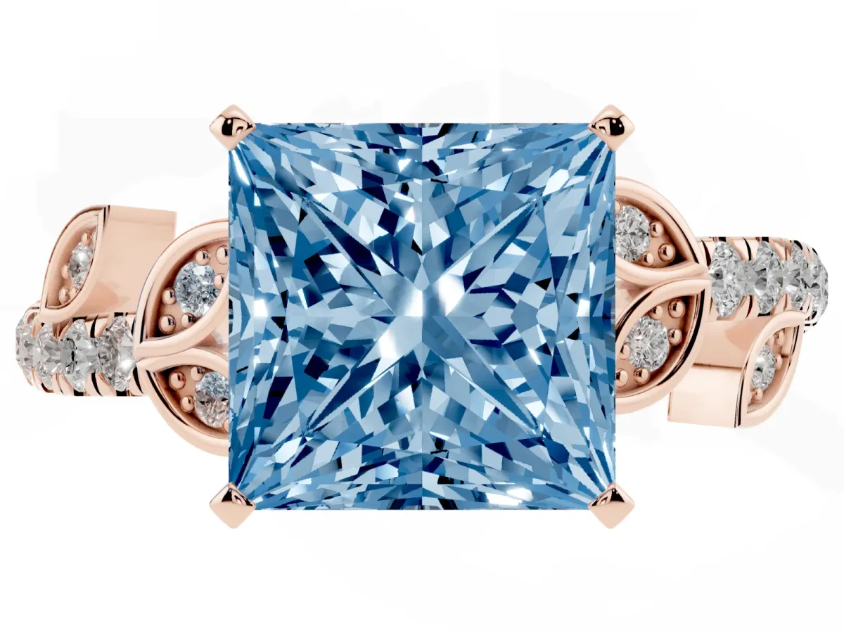 Fancy Blue Princess Cut Solitaire Leaf-Inspired Diamond Ring with Pavé Band and Four-Prong Setting Rose gold