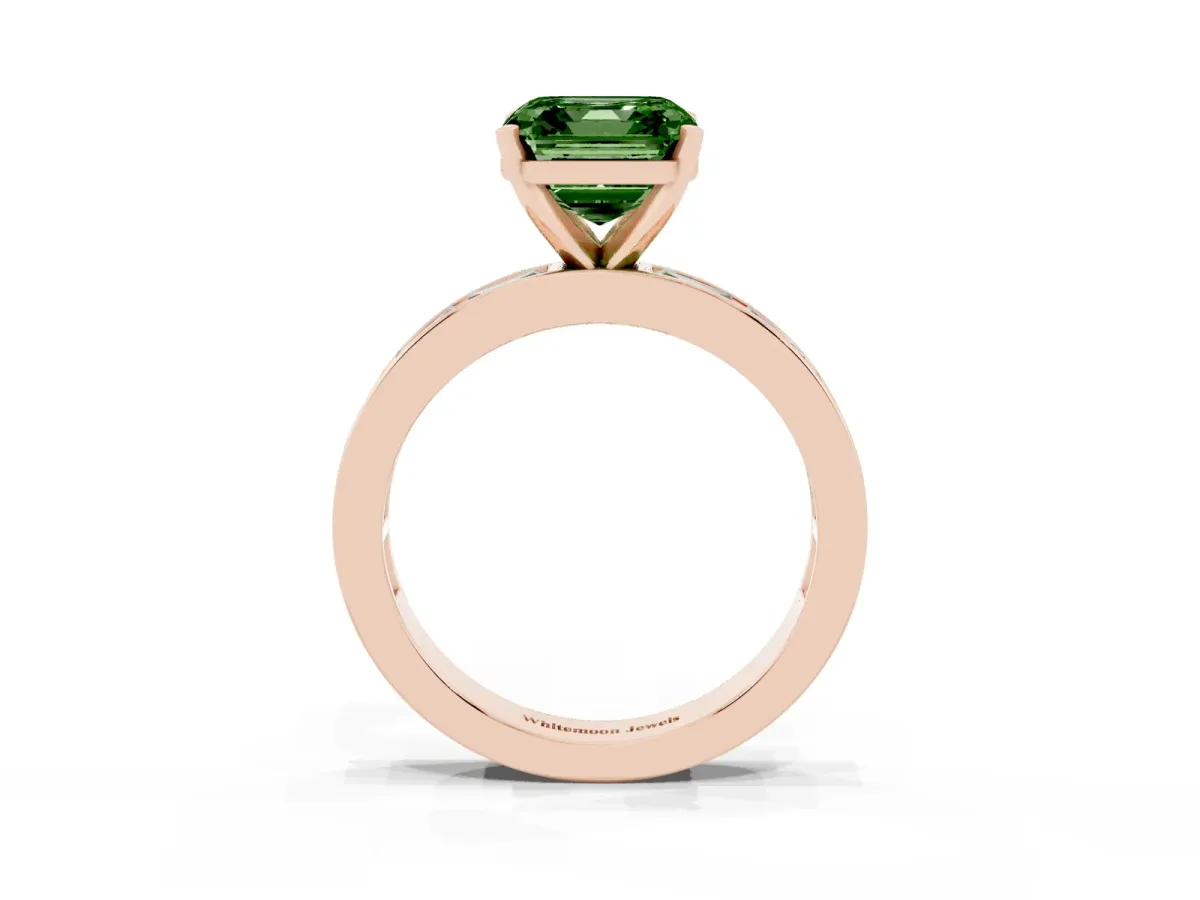 Fancy Green Asscher Cut Solitaire Diamond Ring with Channel-Set Baguette Band and Four-Prong Setting Rose gold