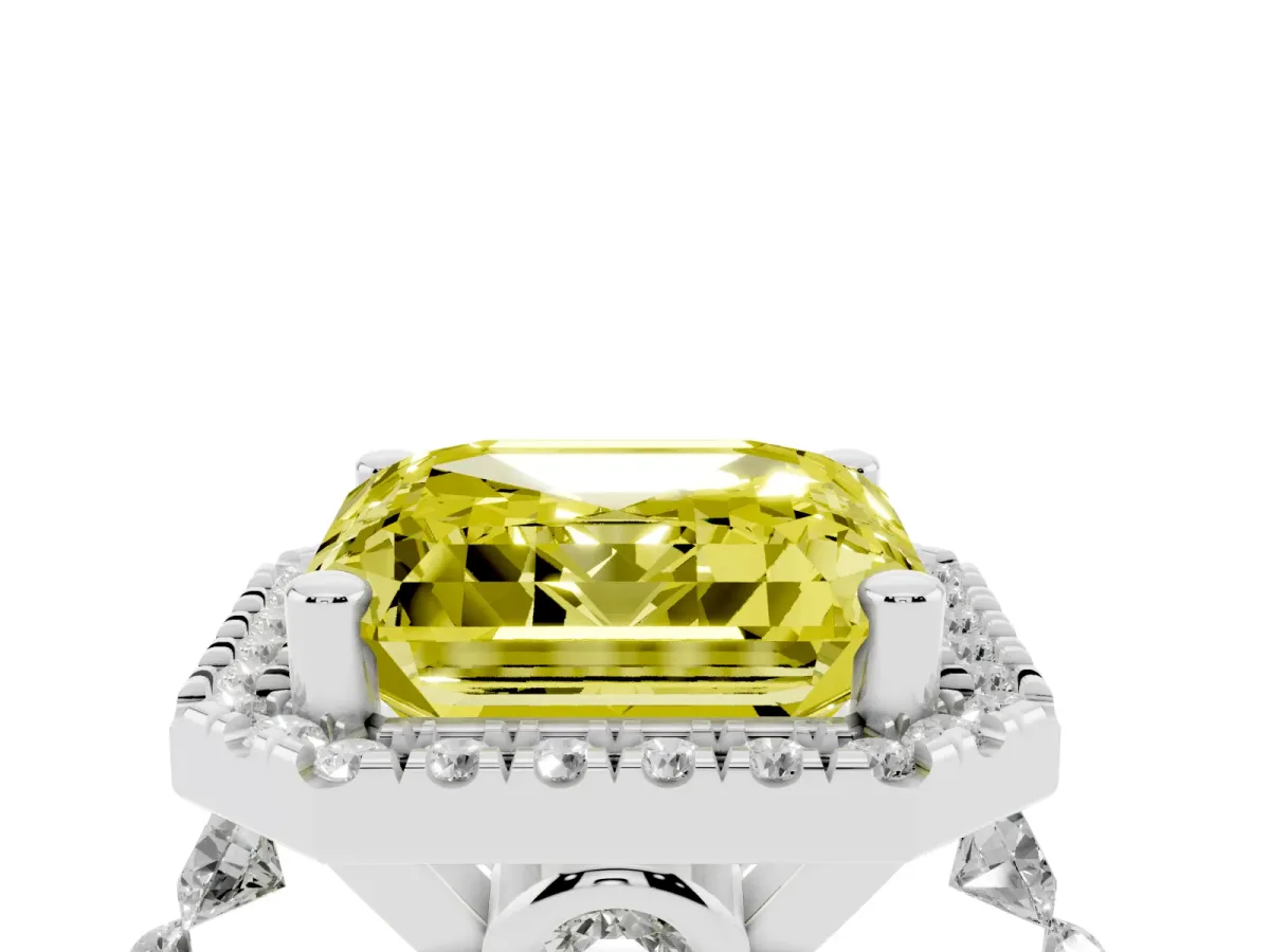 Fancy Yellow Asscher Cut Halo Pavé Diamond Engagement Ring with Four-Prong Setting Platinum