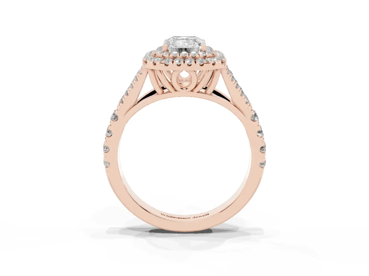 Emerald Cut Diamond Pavé Split Shank Double Halo Engagement Ring Rose gold