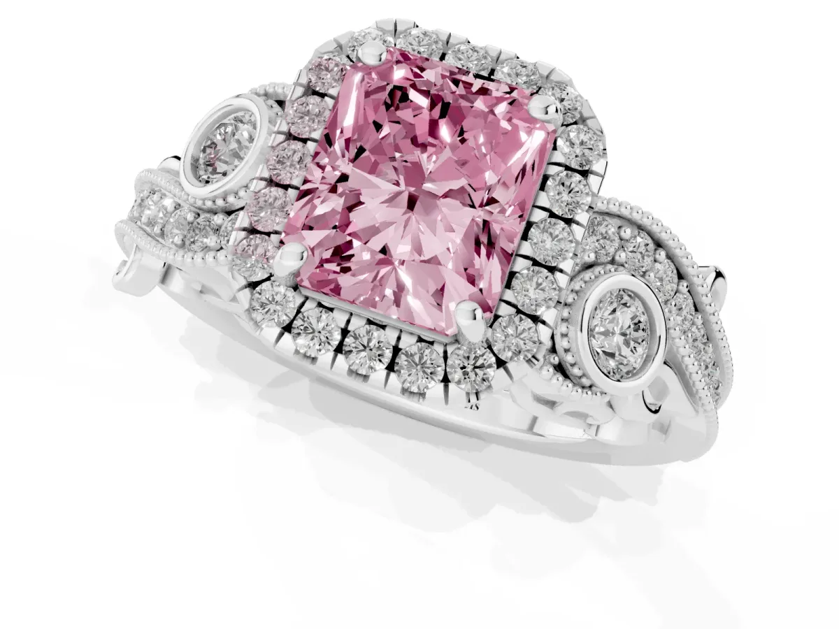 Fancy Pink Radiant Cut Halo Diamond Ring with Milgrain and Bezel Accents on a Split Shank Band Platinum