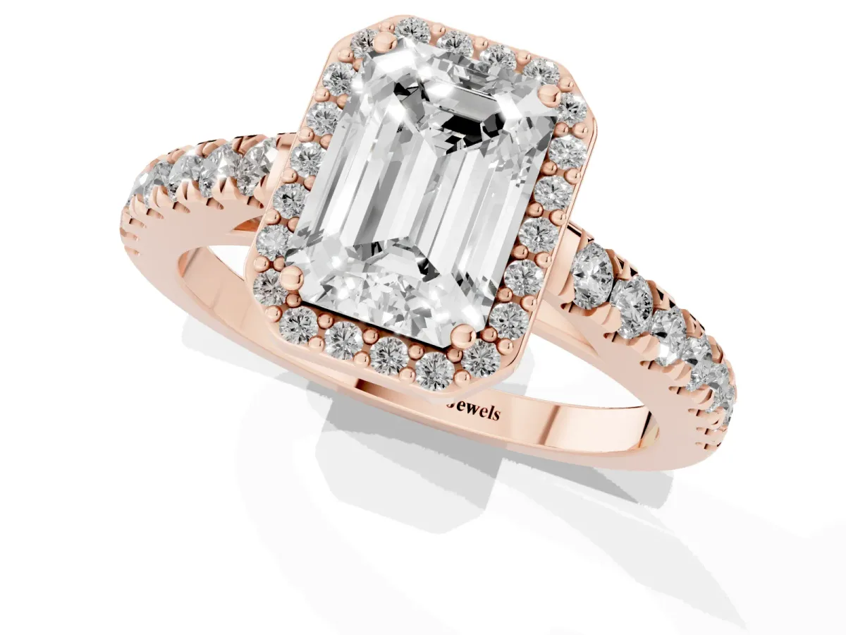 Emerald Cut Cut Halo Diamond Engagement Ring with Pave Band and Four-Prong Setting Rose gold