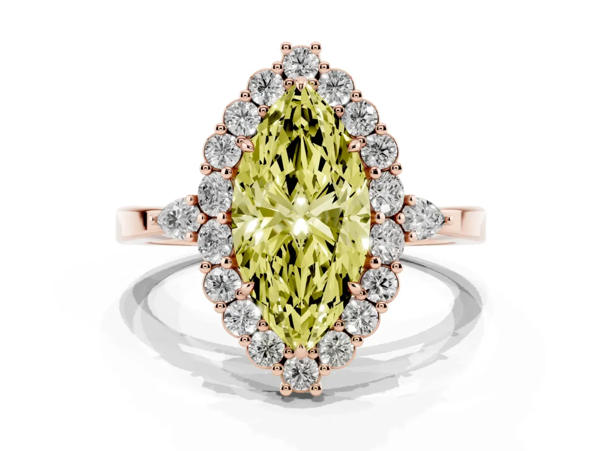 Fancy Yellow Marquise Cut Diamond Halo Ring with Pear Side Stones and Prong Setting Rose gold