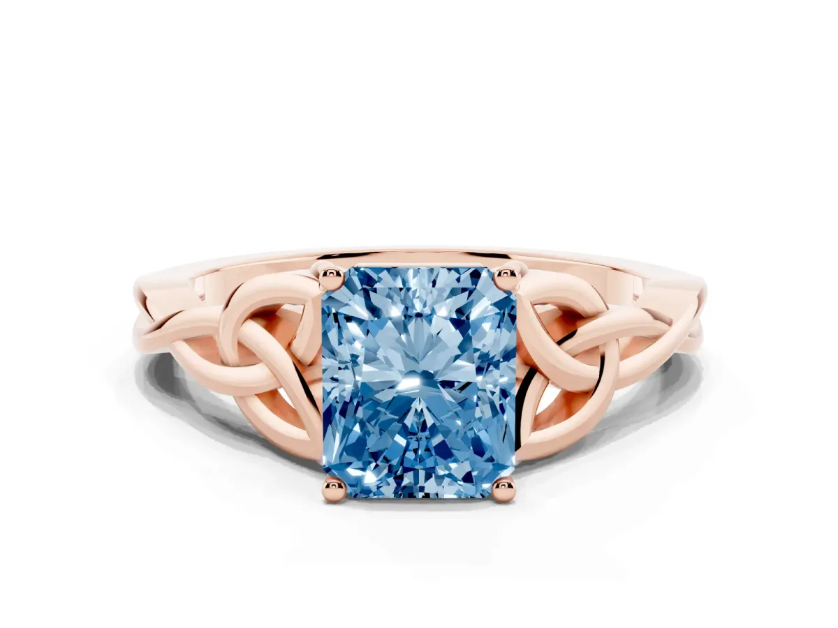 Fancy Blue Radiant Cut Diamond Solitaire Engagement Ring with Celtic Knot Band and Four-Prong Setting Rose gold