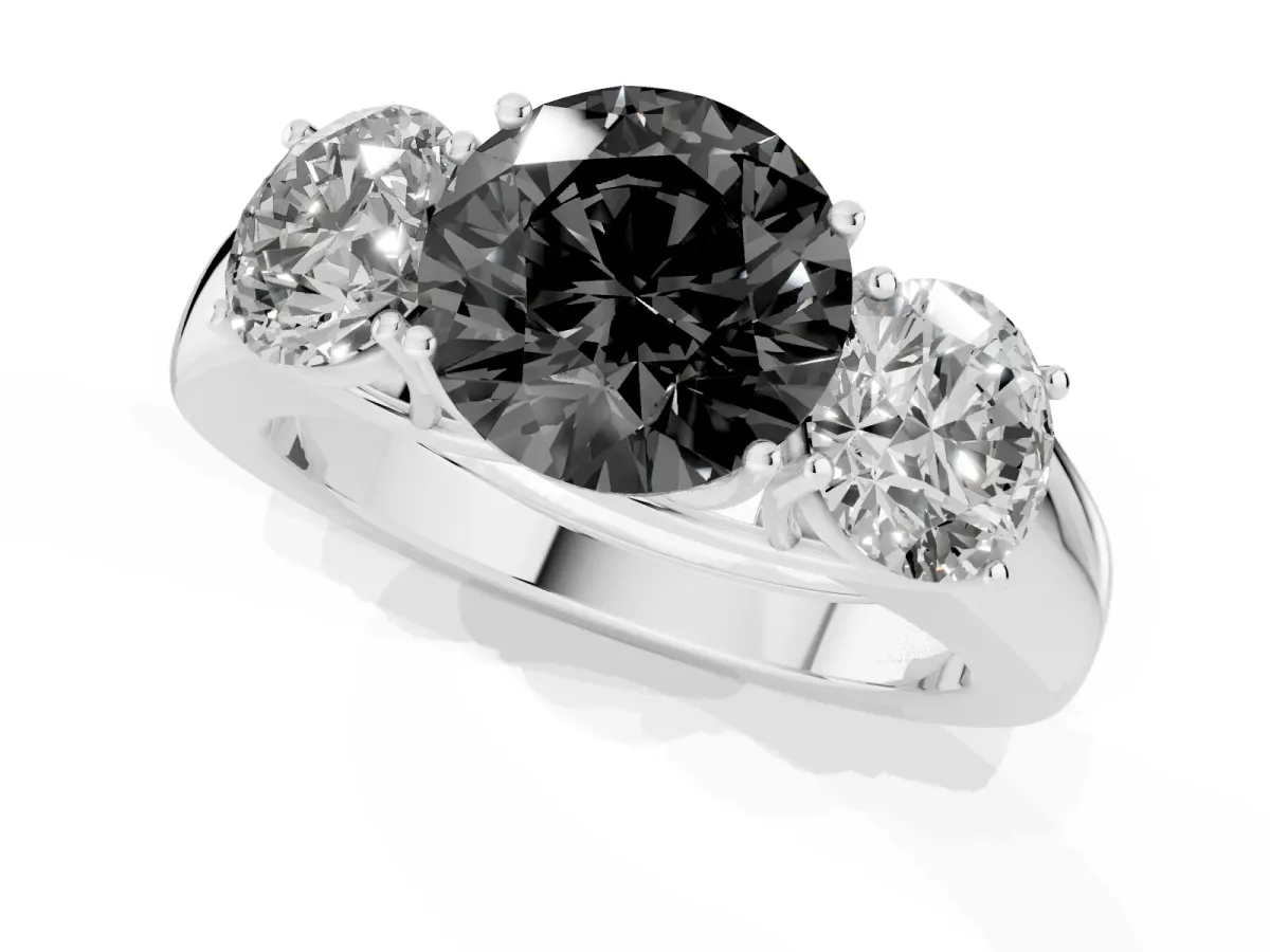 Fancy Black Three-Stone Round Cut Cut Diamond Ring with Prong Setting and Classic Band Silver