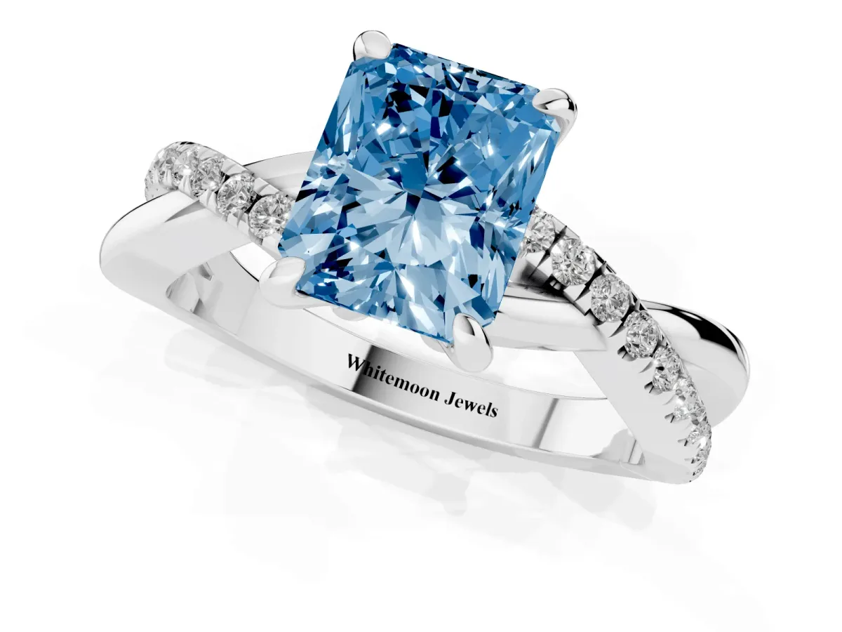 Fancy Blue Radiant Cut Cut Diamond Twist Band Solitaire with Prong Setting Silver
