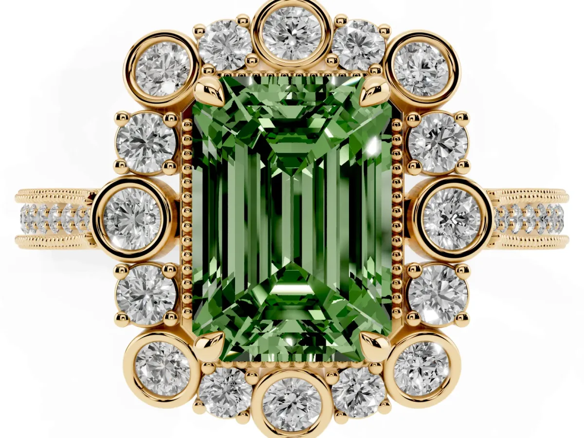 Fancy Green Emerald Cut Halo Milgrain Pave Diamond Ring with Four-Prong Setting Yellow gold