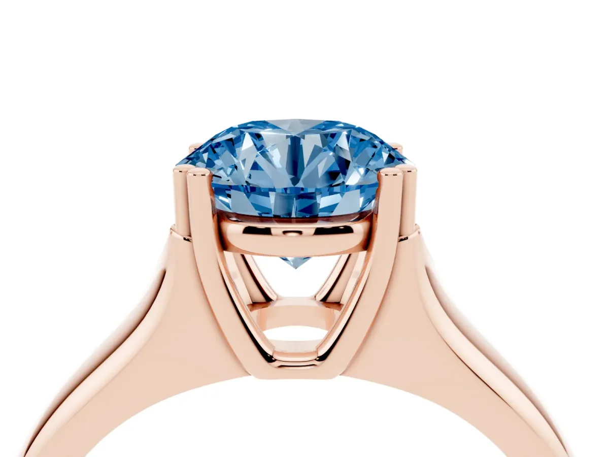 Fancy Blue Round Cut Diamond Solitaire Ring with Wide Band and Prong Setting Rose gold