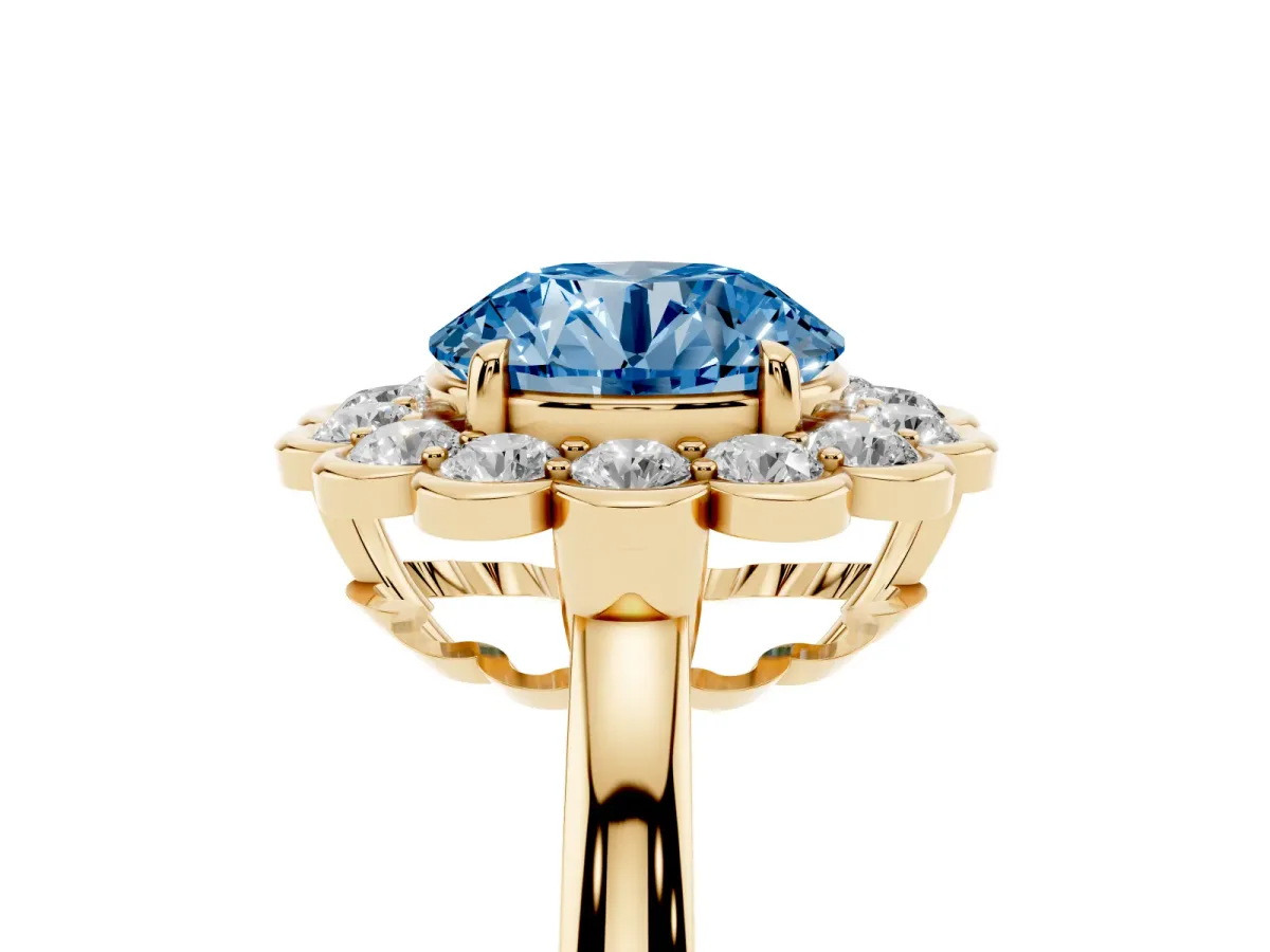 Fancy Blue Round Cut Halo Cluster Diamond Engagement Ring with Solitaire Band and Prong Setting Yellow gold