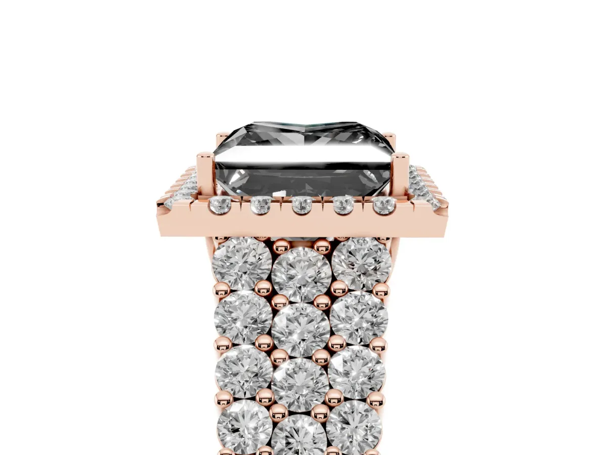 Fancy Black Princess Cut Diamond Halo Engagement Ring with Triple Row Round Pavé Band and Prong Setting Rose gold