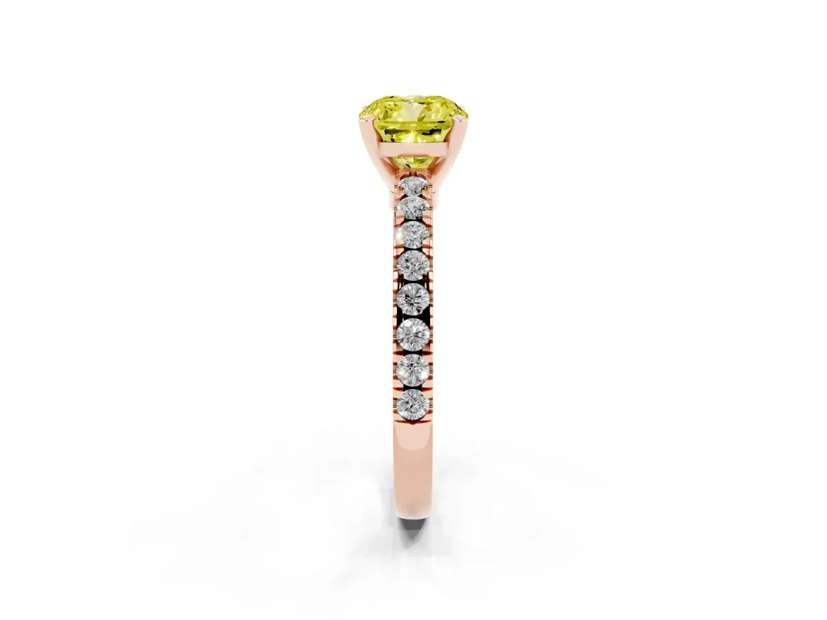 Fancy Yellow Cushion Cut Solitaire Diamond with Pavé Band and Four-Prong Setting Rose gold