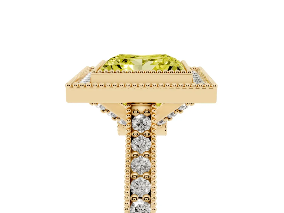 Fancy Yellow Halo Princess Cut-Cut Diamond Pave Band Milgrain Prong Setting Ring Yellow gold