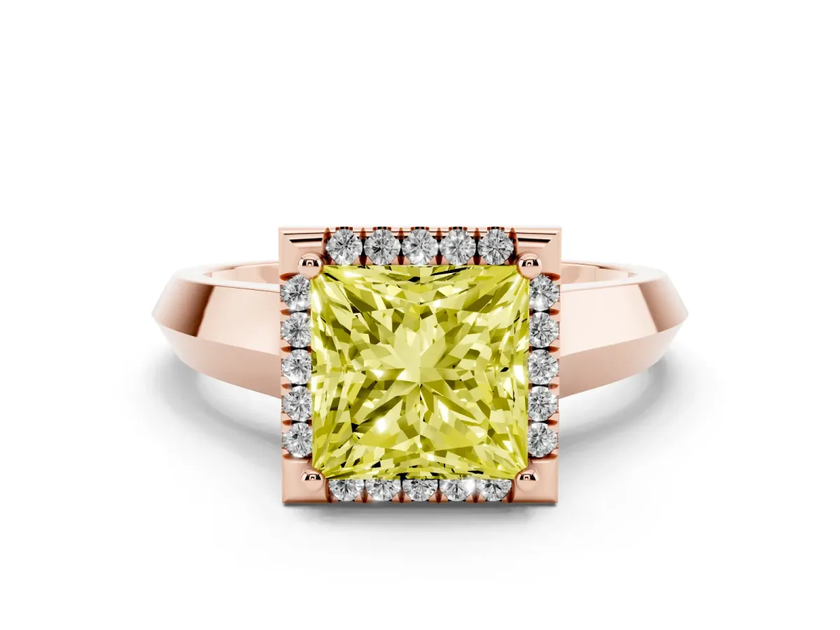 Fancy Yellow Princess Cut Halo Diamond Ring with Cathedral Band and Four-Prong Setting Rose gold