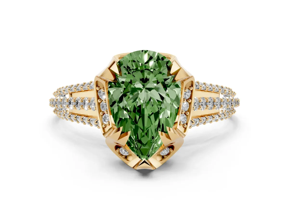 Fancy Green Pear Cut Solitaire Pave Split Shank Ring with Four-Prong Setting Yellow gold