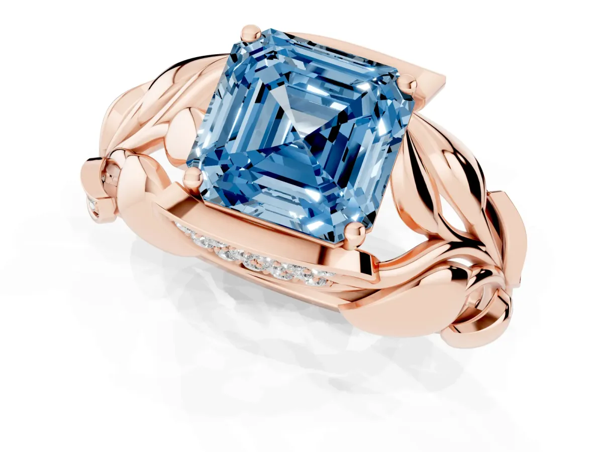 Fancy Blue Asscher Cut Diamond Leaf-Inspired Engagement Ring with Round Accents and Prong Setting Rose gold