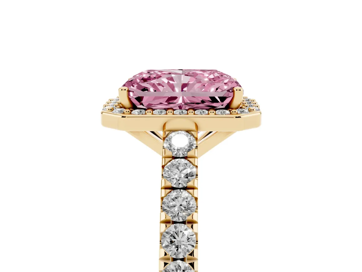 Fancy Pink Radiant Cut Cut Halo Diamond Engagement Ring with Pave Band and Four-Prong Setting Yellow gold