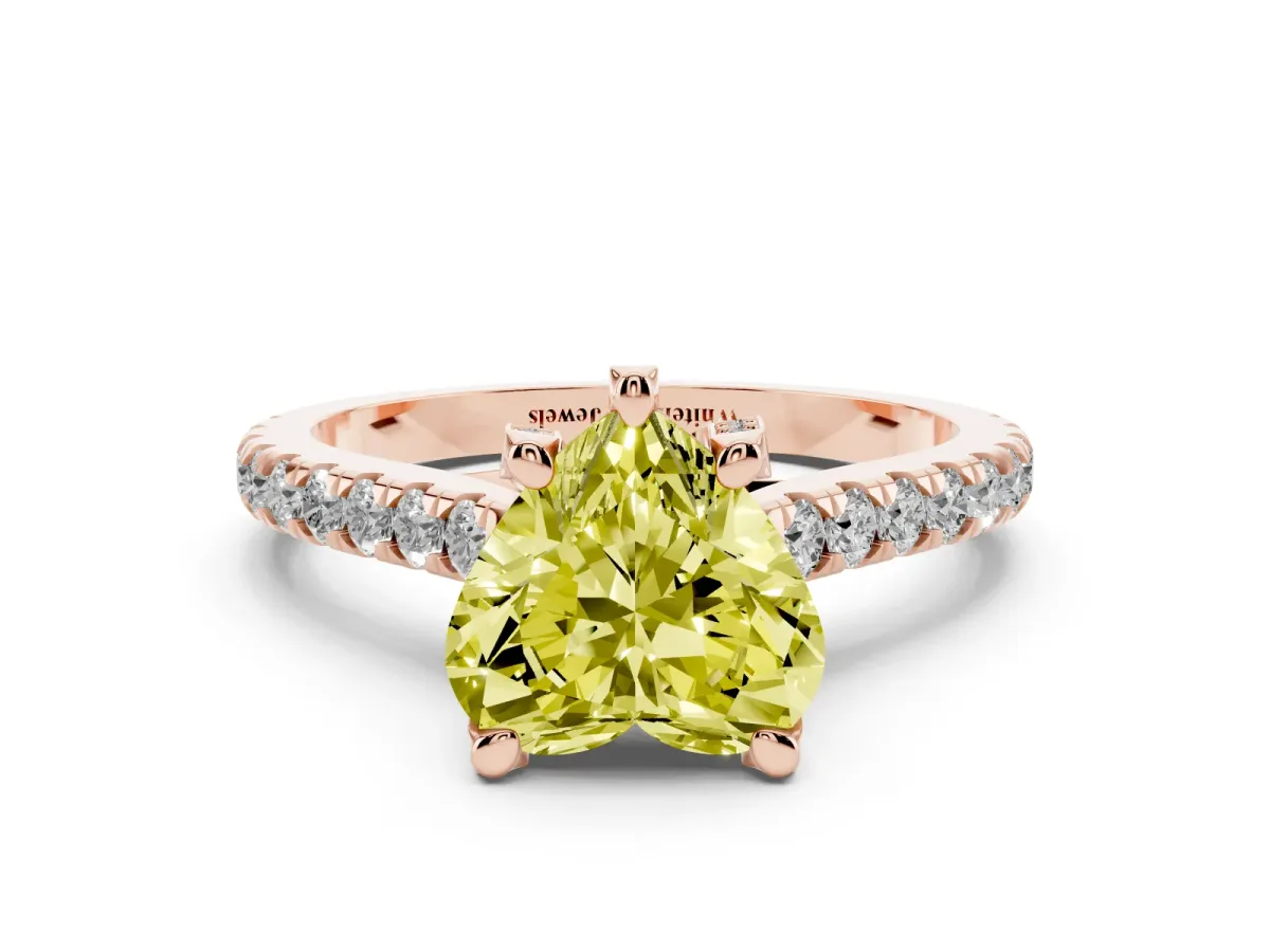 Fancy Yellow Heart Cut Brilliant Diamond Solitaire with Pavé Band and Four-Prong Setting Rose gold