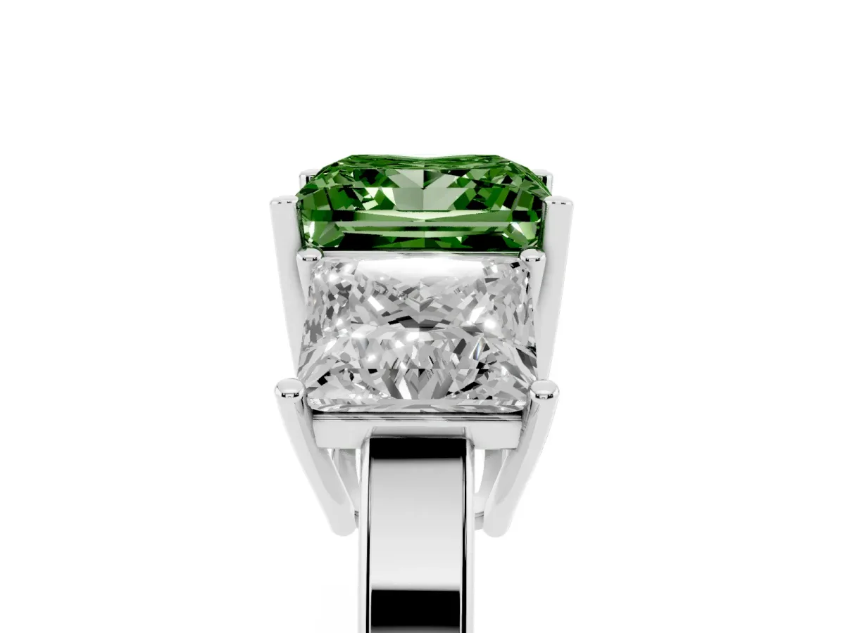 Fancy Green Three-Stone Princess Cut Cut Diamond Engagement Ring with Flat Band and Four-Prong Setting White gold