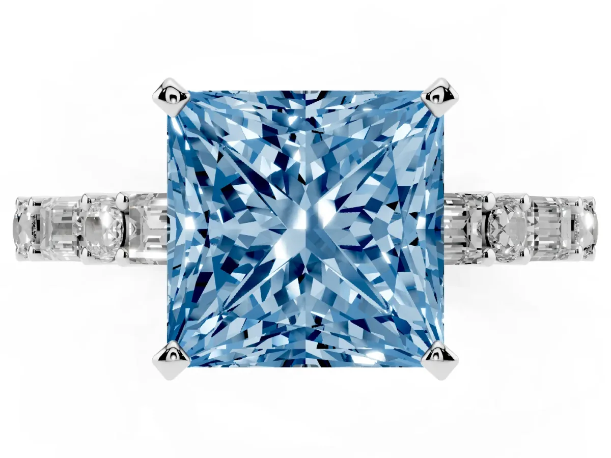 Fancy Blue Princess Cut Diamond Solitaire with Side Baguettes and Channel Set Band Silver