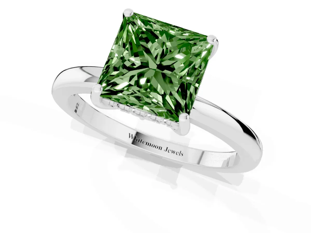 Fancy Green Princess Cut Solitaire Diamond Ring with Prong Setting and Plain Band White gold