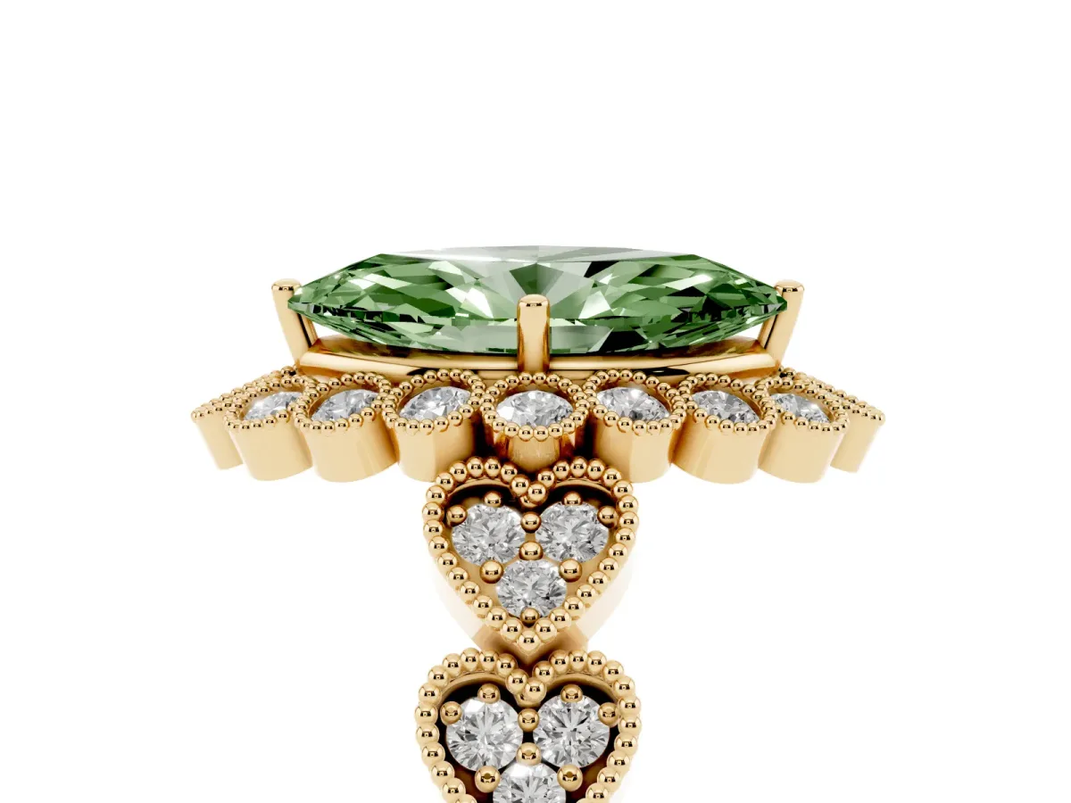 Fancy Green Marquise Cut Brilliant Milgrain Pave Heart Band Solitaire Ring Yellow gold