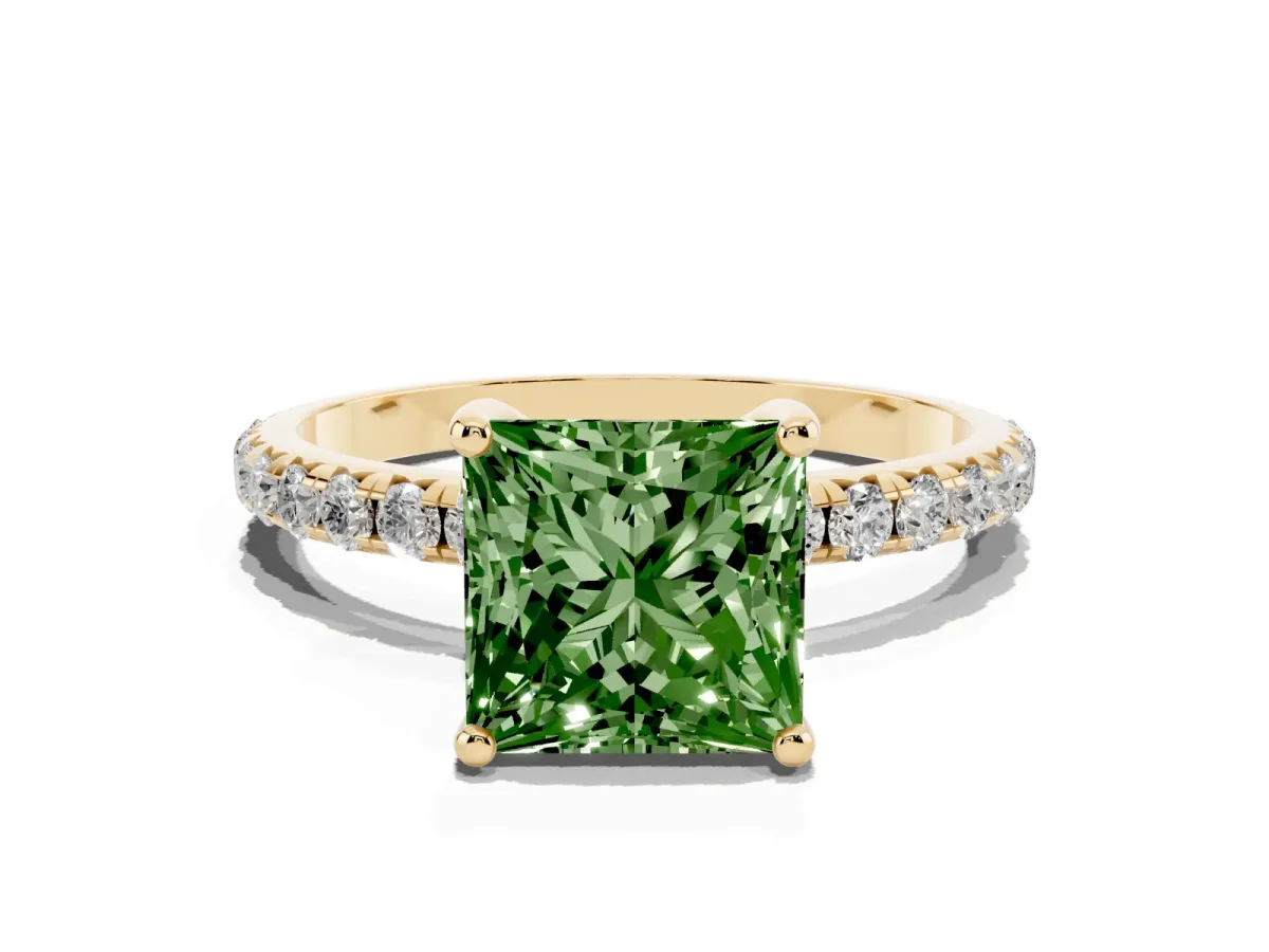 Fancy Green Princess Cut Cut Diamond Solitaire Ring with Micro Pave Band and Four Prong Setting Yellow gold