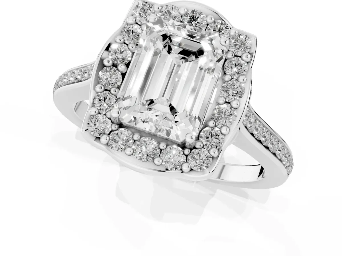 Emerald Cut Halo Round Diamond Pave Band with Four-Prong Setting Silver