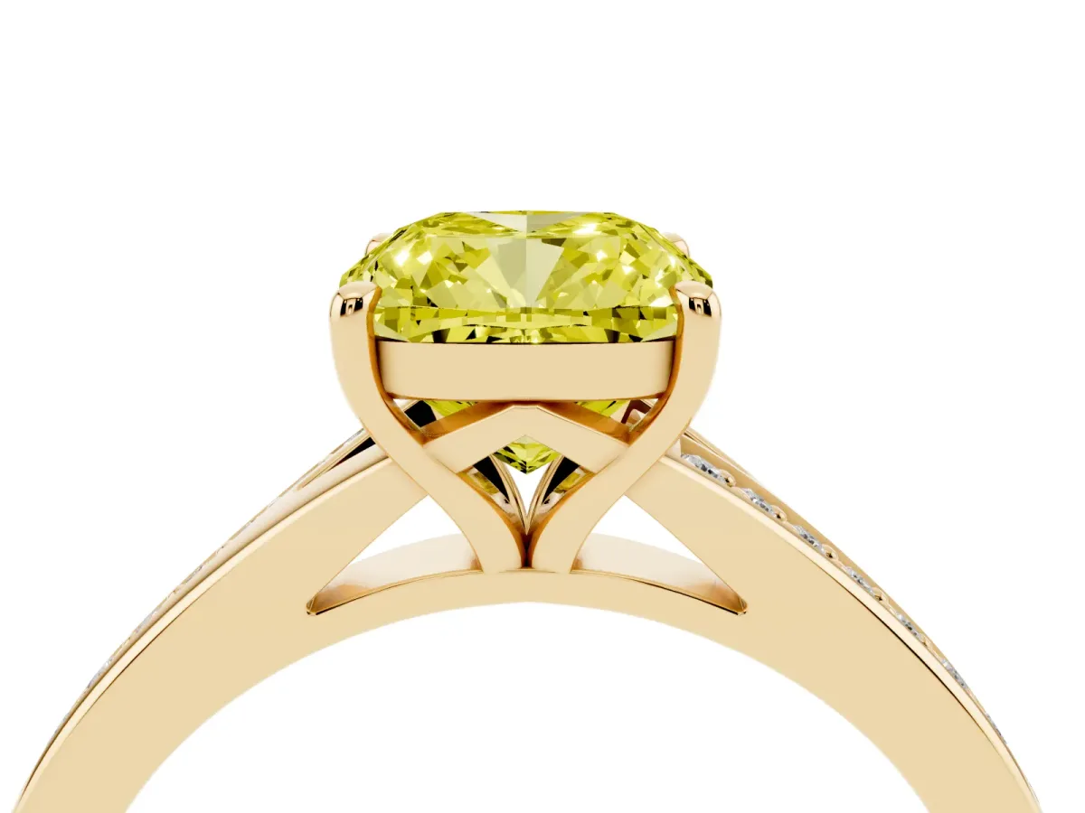 Fancy Yellow Cushion Cut Diamond Solitaire Ring with Pavé Band and Prong Setting Yellow gold