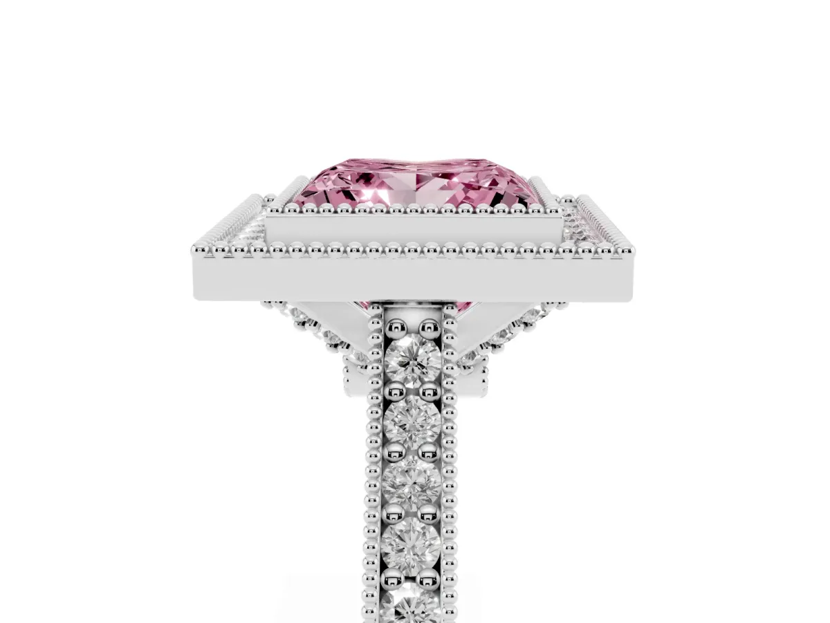 Fancy Pink Halo Princess Cut-Cut Diamond Pave Band Milgrain Prong Setting Ring Platinum