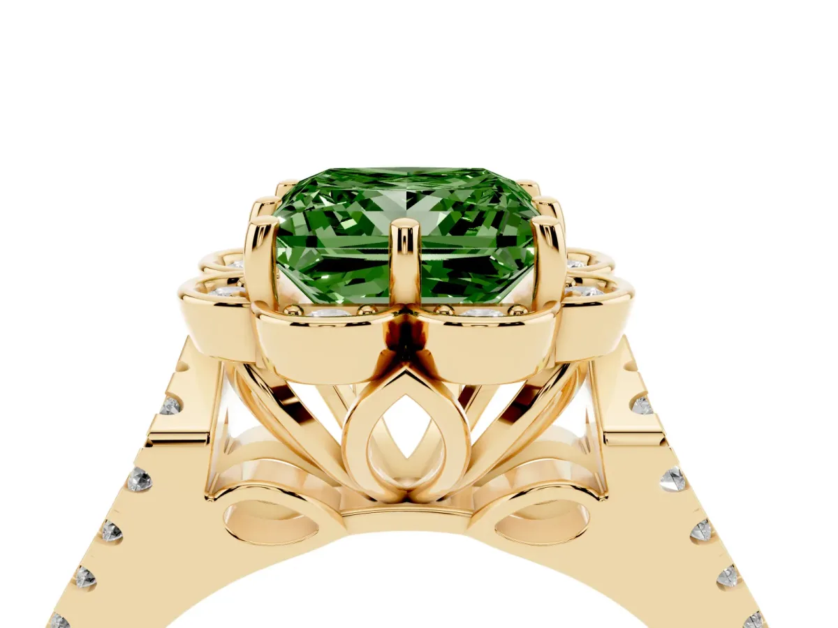 Fancy Green Princess Cut Halo Diamond Floral Split Shank Engagement Ring Yellow gold