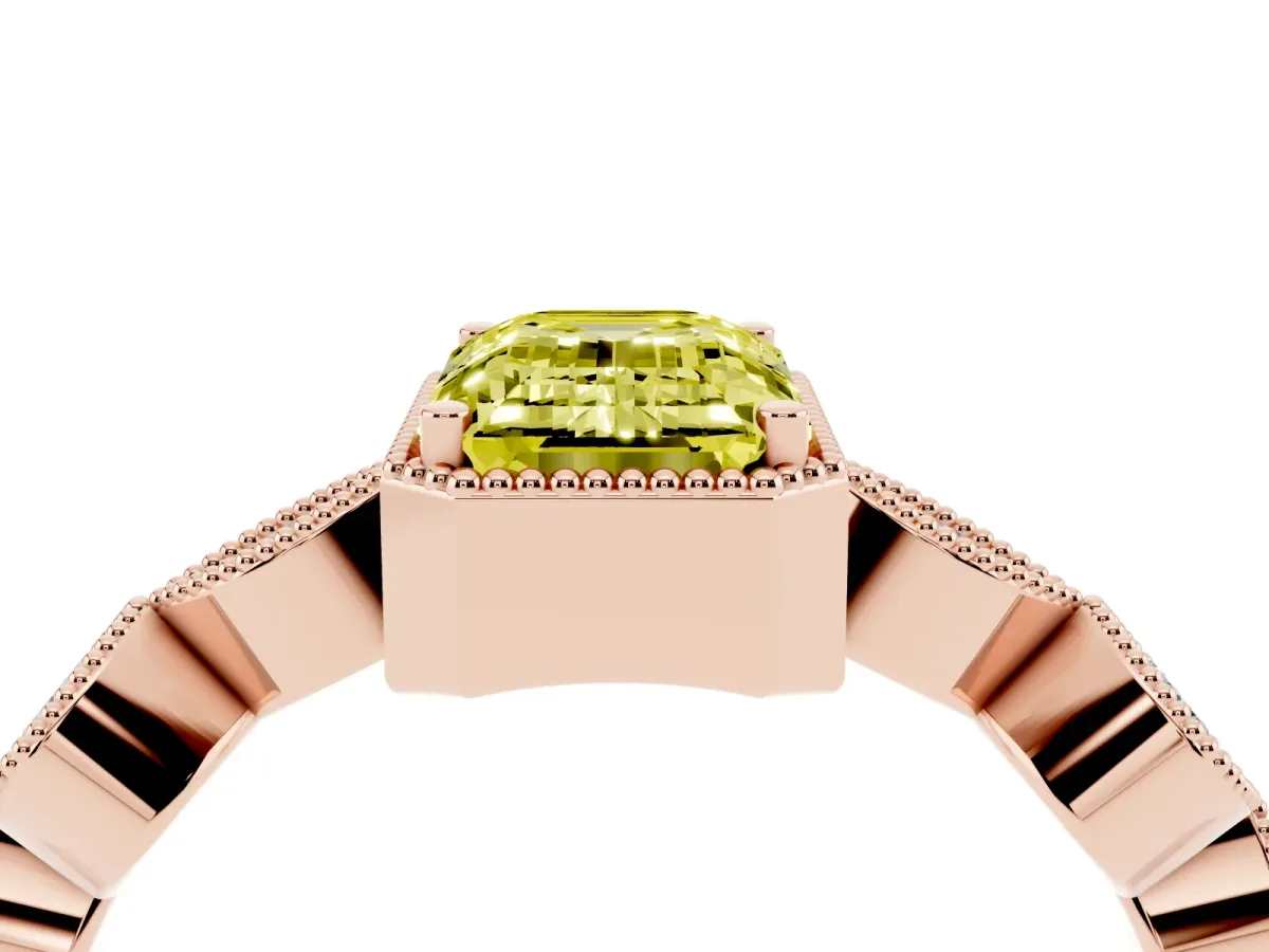 Fancy Yellow Emerald Cut Diamond Vintage Milgrain Ring with Round Stations Rose gold