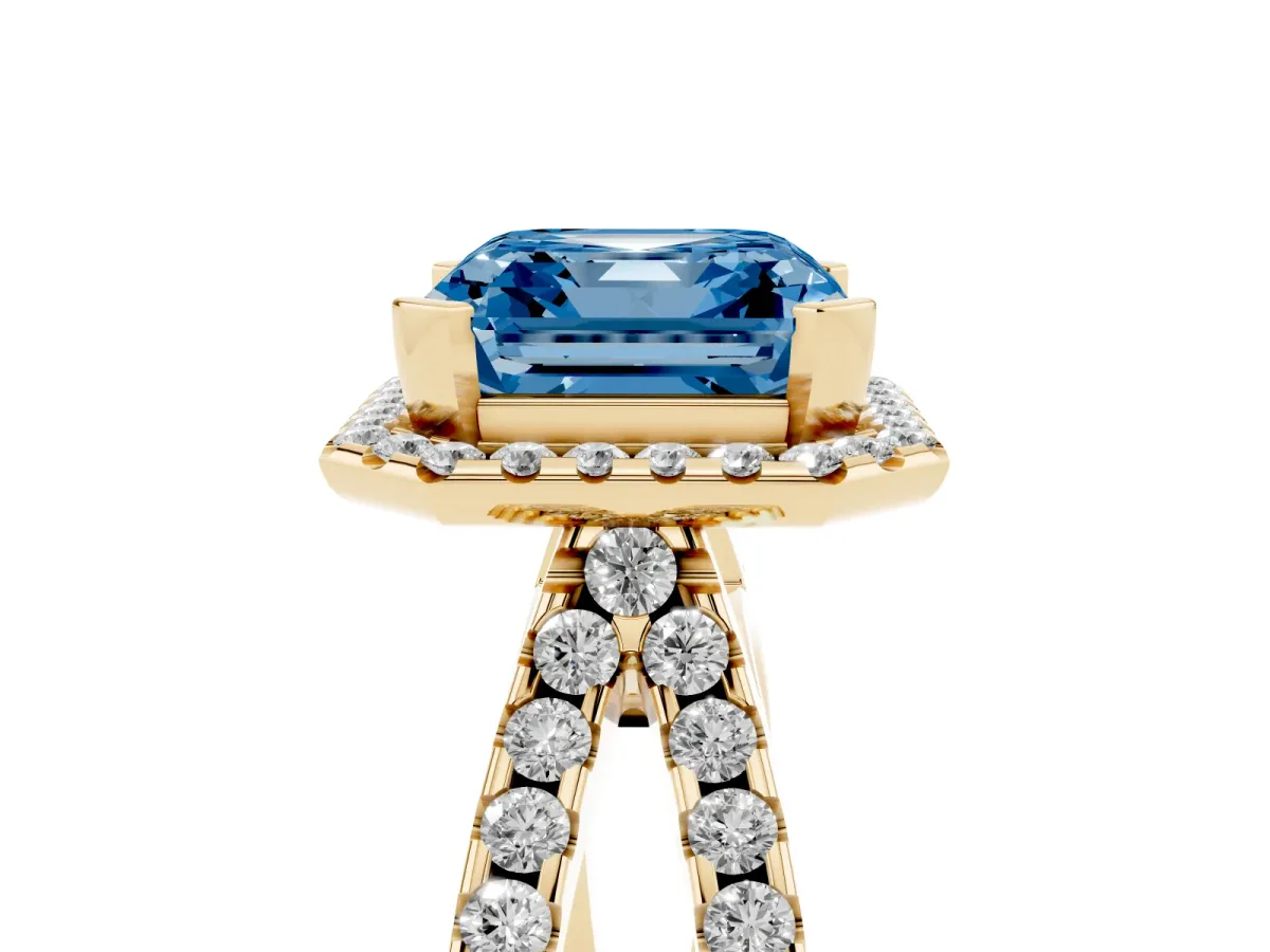 Fancy Blue Asscher Cut Diamond Halo Ring with Split Shank Pavé Band and Prong Setting Yellow gold